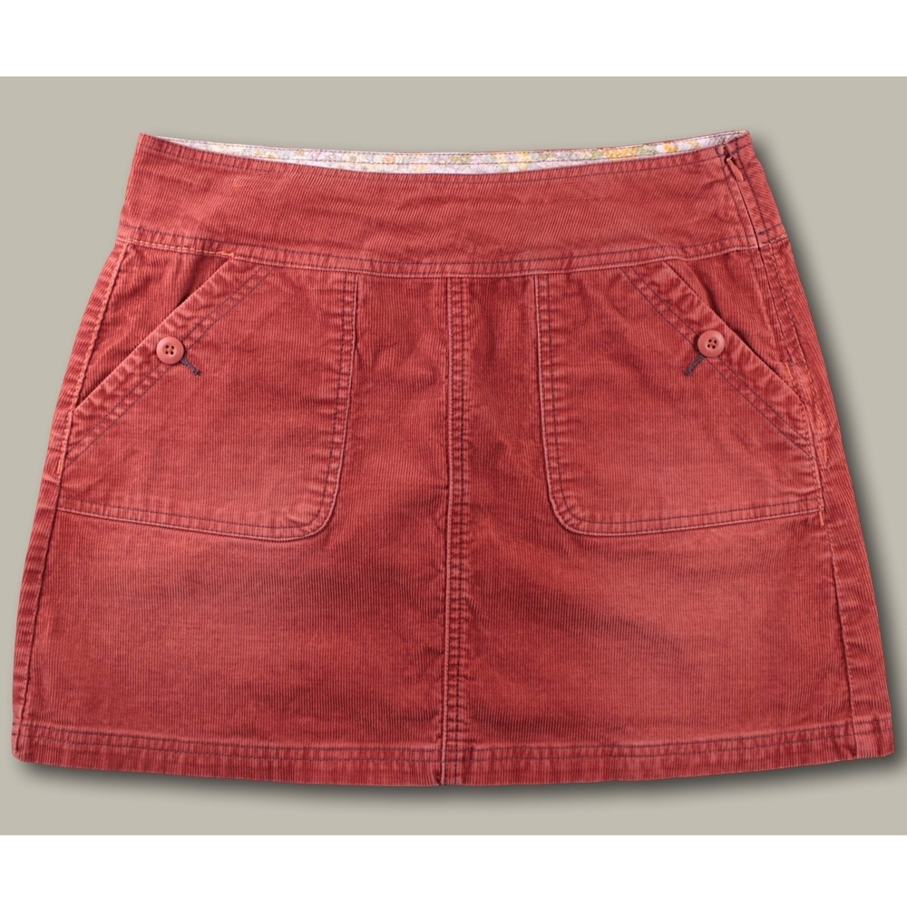 Vtg 00s prAna Corduroy Mini Skirt Burnt Orange Floral Waist Patch Pocket 6 Gorp